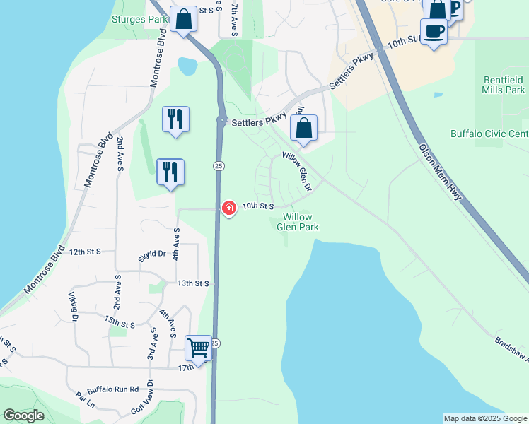 map of restaurants, bars, coffee shops, grocery stores, and more near 606 10th Street South in Buffalo