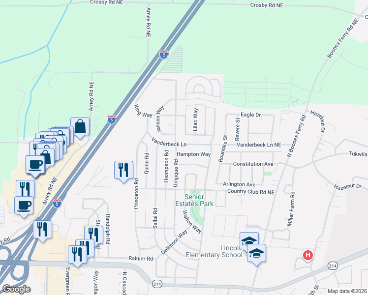 map of restaurants, bars, coffee shops, grocery stores, and more near 1386 Vanderbeck Lane in Woodburn