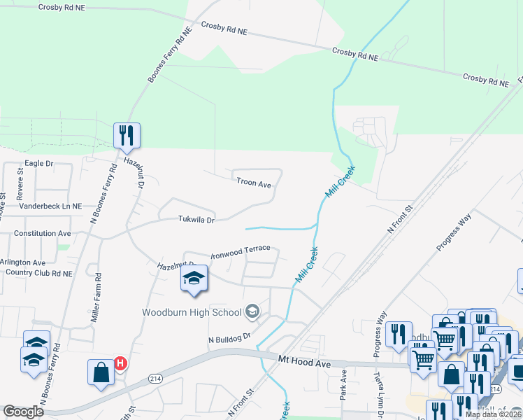 map of restaurants, bars, coffee shops, grocery stores, and more near 399 Ironwood Terrace in Woodburn