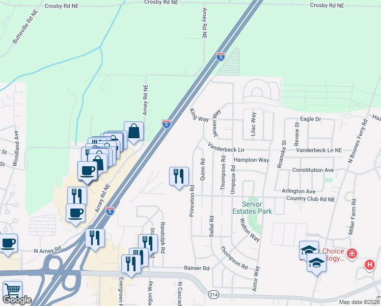 map of restaurants, bars, coffee shops, grocery stores, and more near 1612 Princeton Road in Woodburn