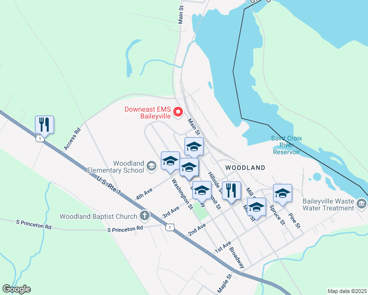 map of restaurants, bars, coffee shops, grocery stores, and more near 55 Washington Street in Baileyville