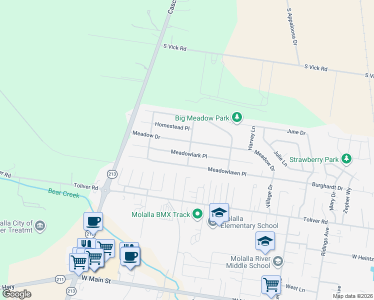 map of restaurants, bars, coffee shops, grocery stores, and more near 1125 Meadow Drive in Molalla