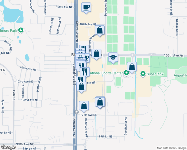 map of restaurants, bars, coffee shops, grocery stores, and more near 10311 Baltimore Street in Blaine