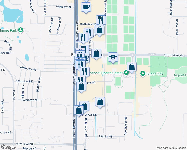 map of restaurants, bars, coffee shops, grocery stores, and more near 10311 Baltimore Street in Blaine