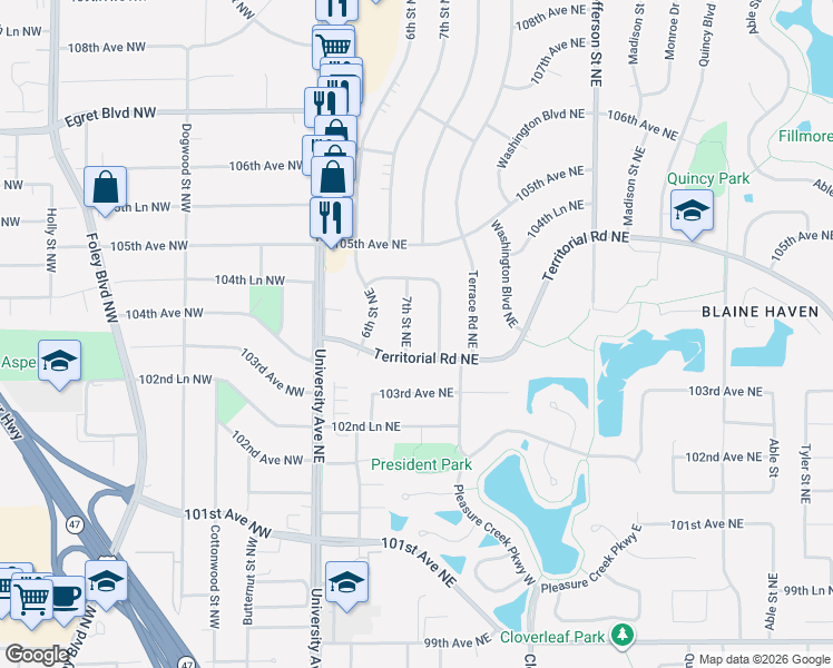 map of restaurants, bars, coffee shops, grocery stores, and more near 10441 7th Street Northeast in Blaine