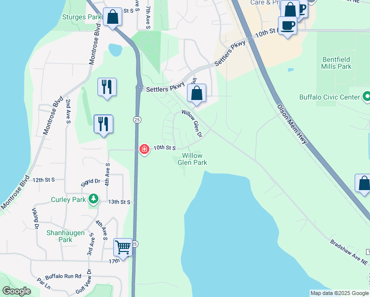 map of restaurants, bars, coffee shops, grocery stores, and more near 706 10th Street South in Buffalo