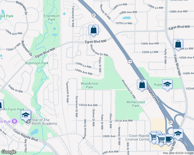 map of restaurants, bars, coffee shops, grocery stores, and more near 825 104th Avenue Northwest in Coon Rapids