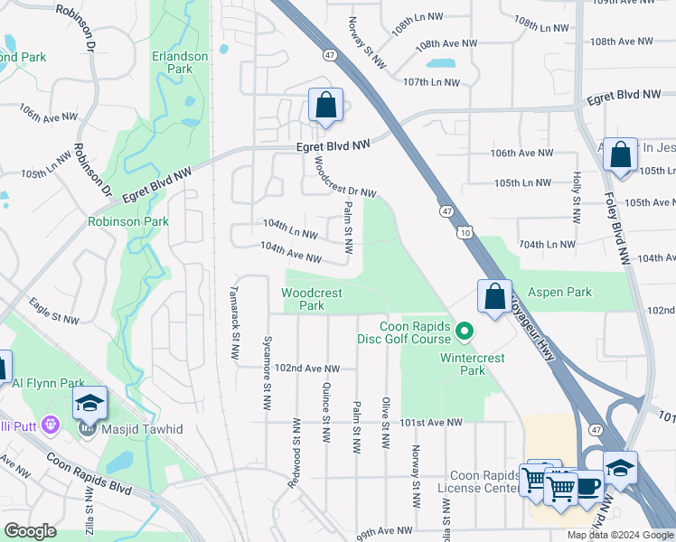 map of restaurants, bars, coffee shops, grocery stores, and more near 825 104th Avenue Northwest in Coon Rapids