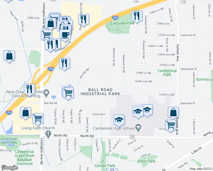 map of restaurants, bars, coffee shops, grocery stores, and more near 10400 Lever Street Northeast in Circle Pines