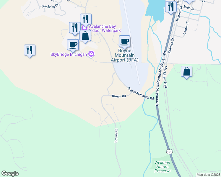 map of restaurants, bars, coffee shops, grocery stores, and more near 3230 Boyne Mountain Road in Boyne Falls