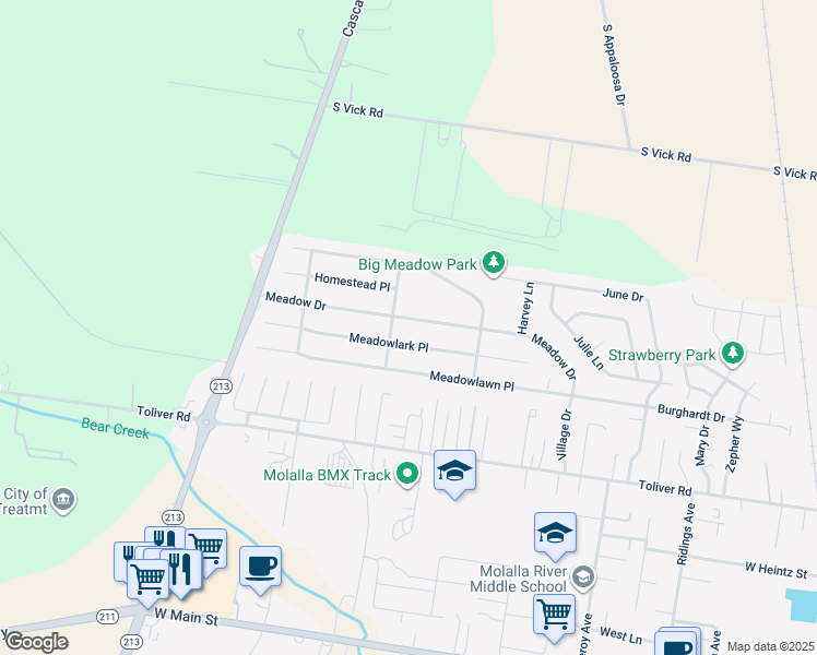map of restaurants, bars, coffee shops, grocery stores, and more near 1106 Meadow Drive in Molalla