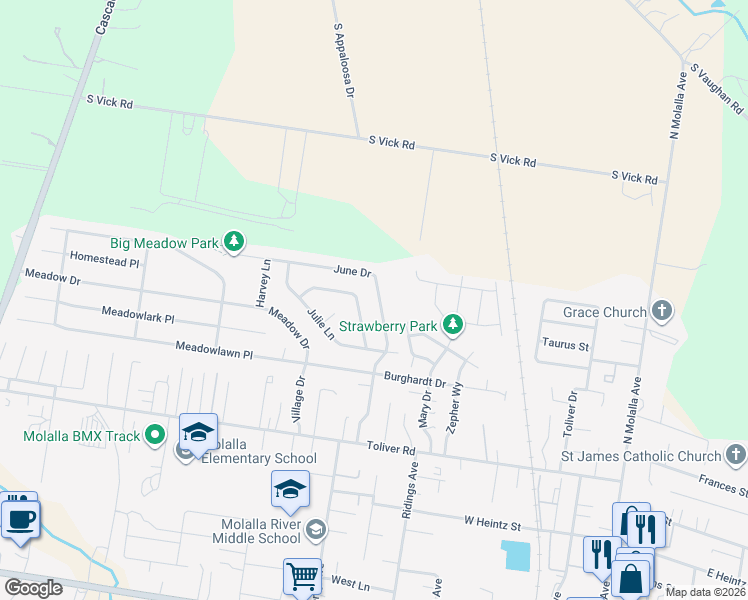 map of restaurants, bars, coffee shops, grocery stores, and more near 691 June Drive in Molalla