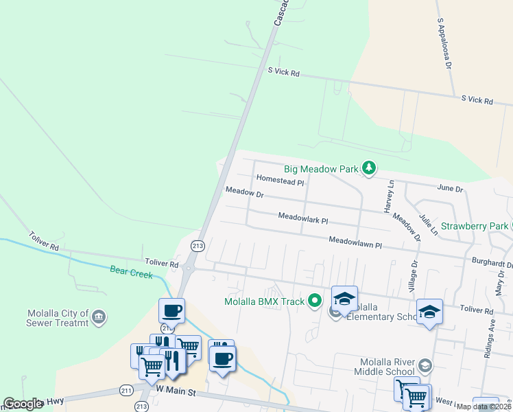 map of restaurants, bars, coffee shops, grocery stores, and more near 1318 Meadow Drive in Molalla