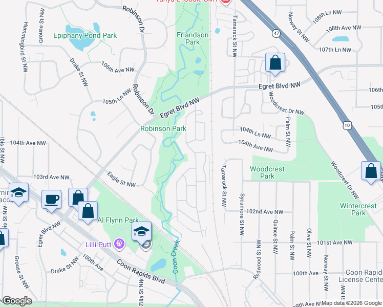 map of restaurants, bars, coffee shops, grocery stores, and more near 10424 Xeon Street Northwest in Minneapolis