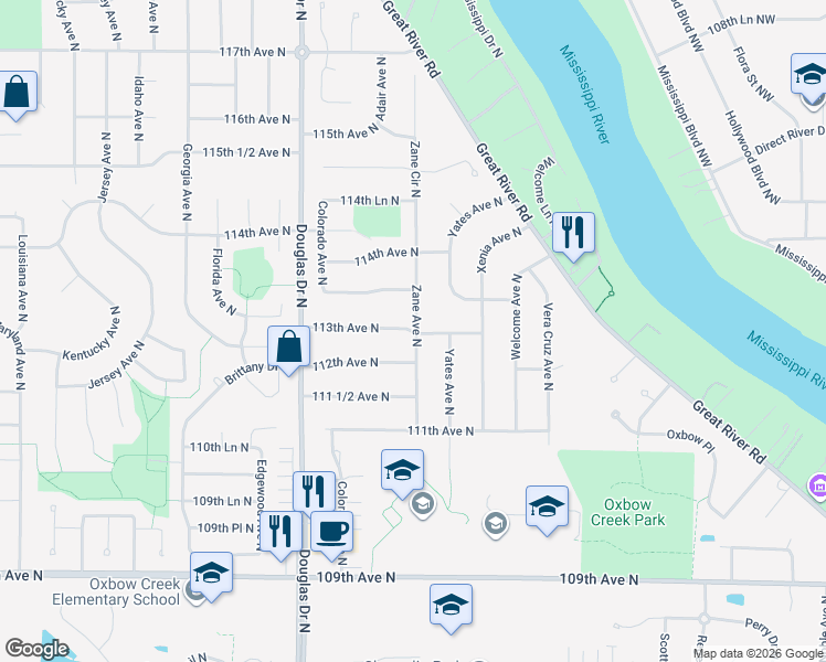 map of restaurants, bars, coffee shops, grocery stores, and more near 6000 113th Avenue North in Champlin