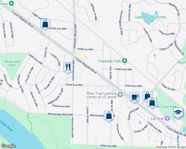 map of restaurants, bars, coffee shops, grocery stores, and more near 10385 Linnet Circle Northwest in Minneapolis