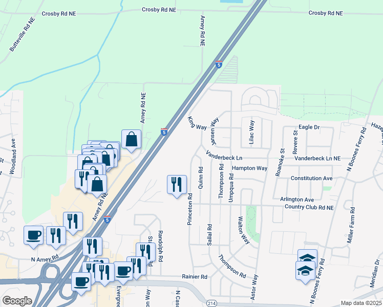 map of restaurants, bars, coffee shops, grocery stores, and more near 1723 Princeton Road in Woodburn