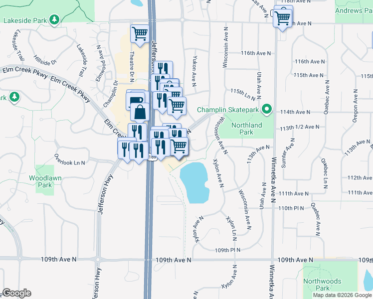 map of restaurants, bars, coffee shops, grocery stores, and more near 8537 South Pond Trail in Champlin