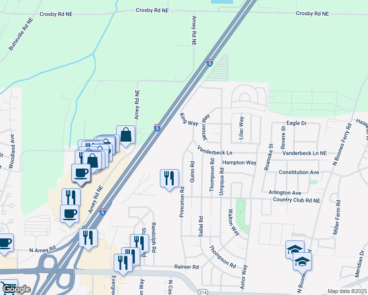 map of restaurants, bars, coffee shops, grocery stores, and more near 1723 Princeton Road in Woodburn