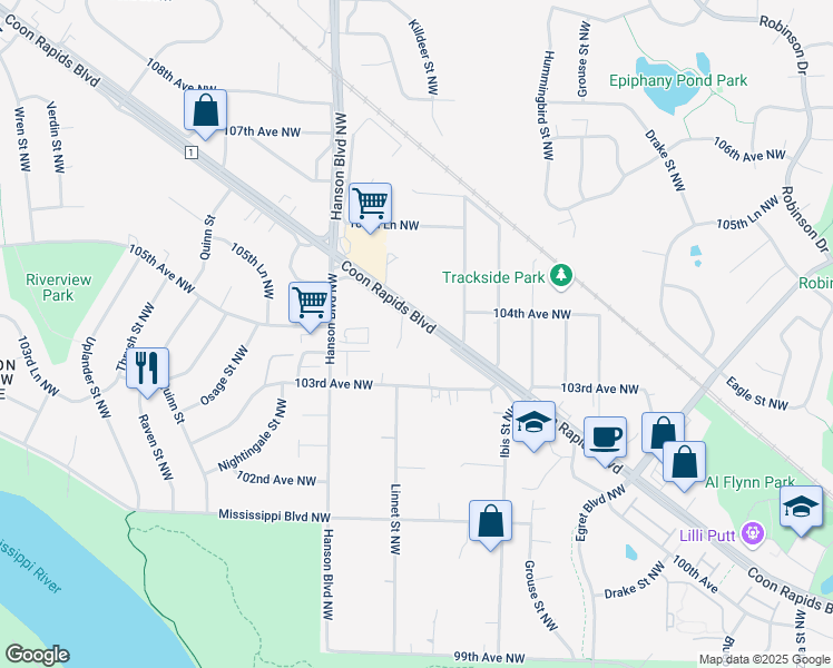 map of restaurants, bars, coffee shops, grocery stores, and more near 14 Linnet Circle Northwest in Coon Rapids