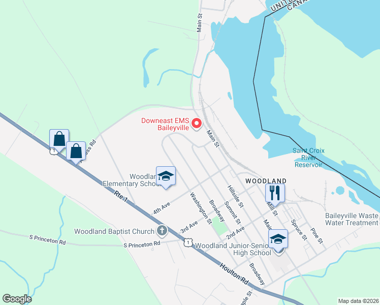 map of restaurants, bars, coffee shops, grocery stores, and more near 132 Broadway Street in Baileyville