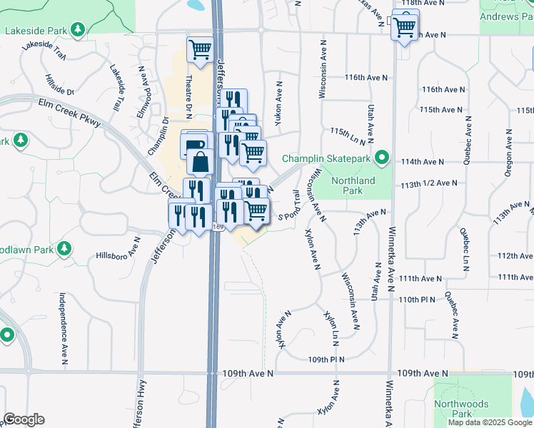 map of restaurants, bars, coffee shops, grocery stores, and more near 8537 South Pond Trail in Champlin