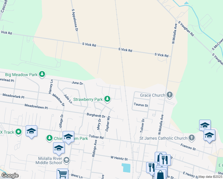 map of restaurants, bars, coffee shops, grocery stores, and more near 633 Eric Drive in Molalla