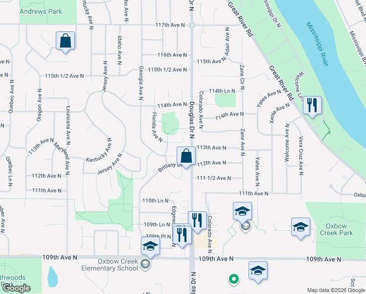 map of restaurants, bars, coffee shops, grocery stores, and more near 6313 113th Place North in Champlin