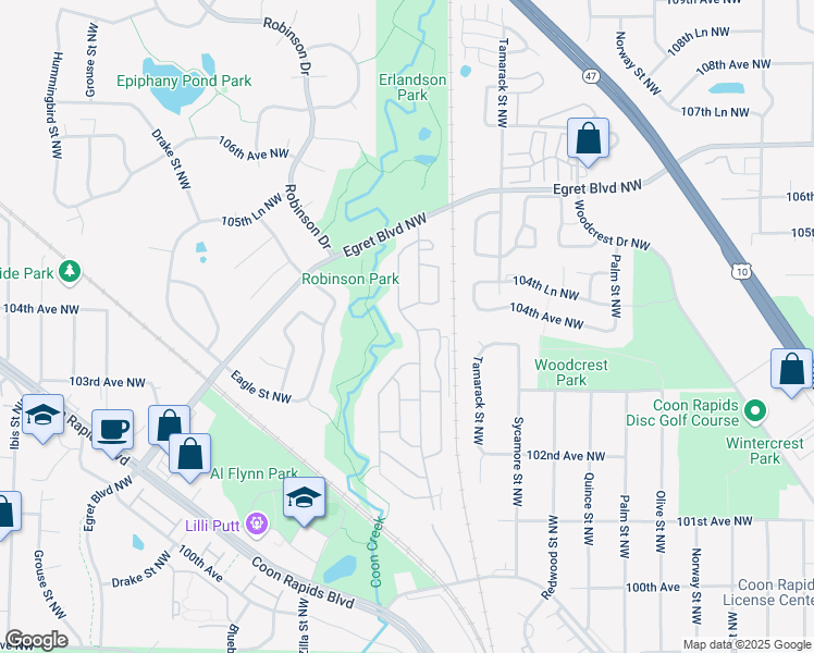 map of restaurants, bars, coffee shops, grocery stores, and more near 10424 Xeon Street Northwest in Minneapolis
