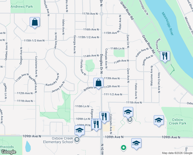 map of restaurants, bars, coffee shops, grocery stores, and more near 6313 113th Place North in Champlin