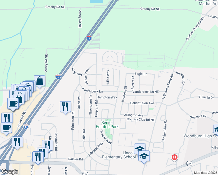 map of restaurants, bars, coffee shops, grocery stores, and more near 1350 Dogwood Drive in Woodburn