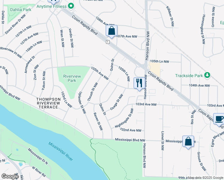 map of restaurants, bars, coffee shops, grocery stores, and more near 10449 Partridge Street Northwest in Coon Rapids
