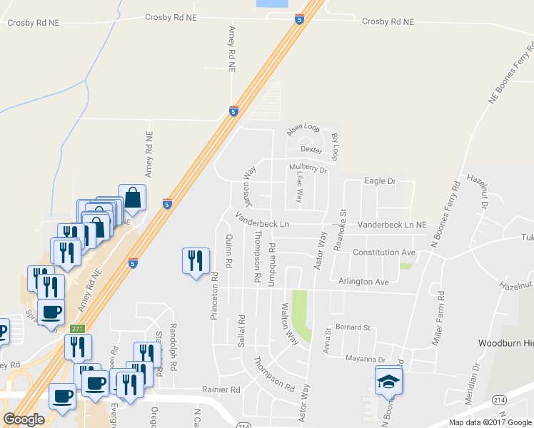 map of restaurants, bars, coffee shops, grocery stores, and more near 1514 Jansen Way in Woodburn
