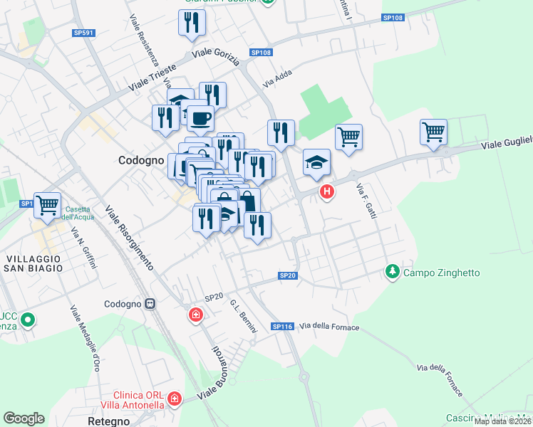 map of restaurants, bars, coffee shops, grocery stores, and more near 44 Via Costa Andrea in Codogno