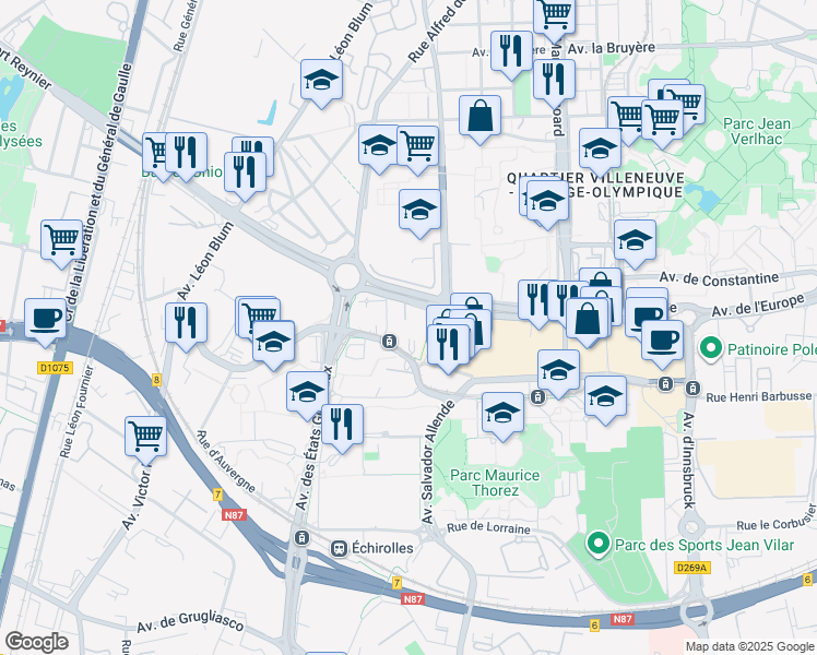 map of restaurants, bars, coffee shops, grocery stores, and more near 3 Rue du Cotentin in Échirolles