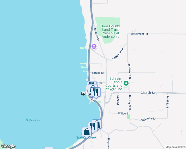 map of restaurants, bars, coffee shops, grocery stores, and more near 3059 Spruce Street in Sister Bay