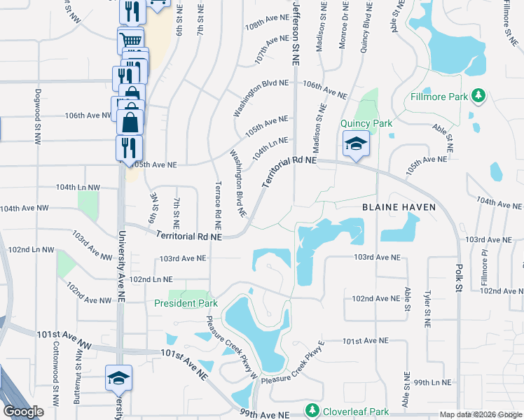 map of restaurants, bars, coffee shops, grocery stores, and more near 312 Territorial Road Northeast in Blaine