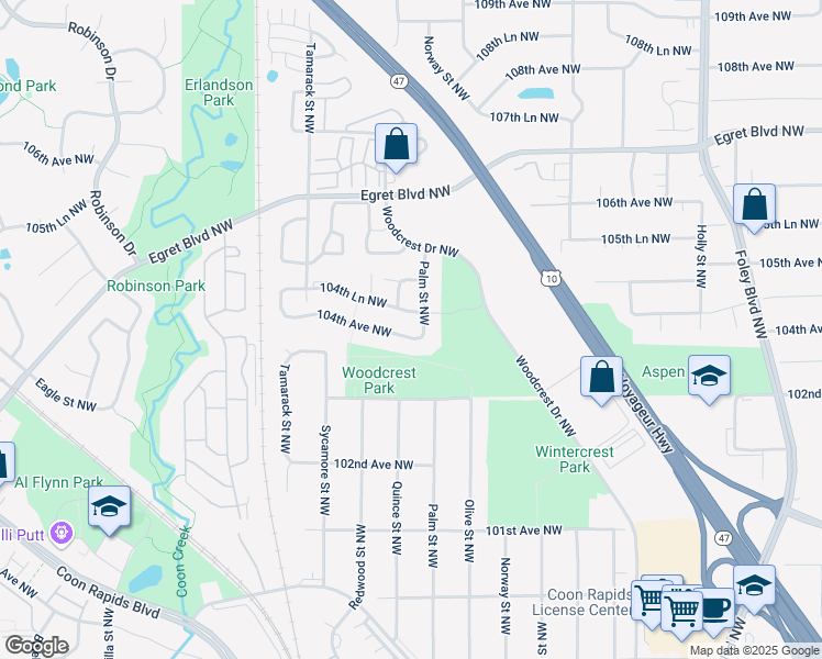 map of restaurants, bars, coffee shops, grocery stores, and more near 825 104th Avenue Northwest in Coon Rapids