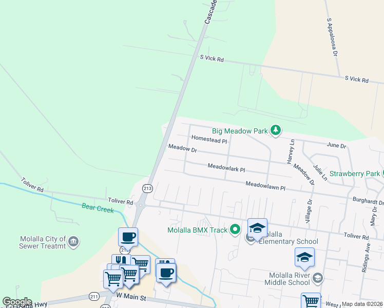 map of restaurants, bars, coffee shops, grocery stores, and more near 1318 Meadow Drive in Molalla
