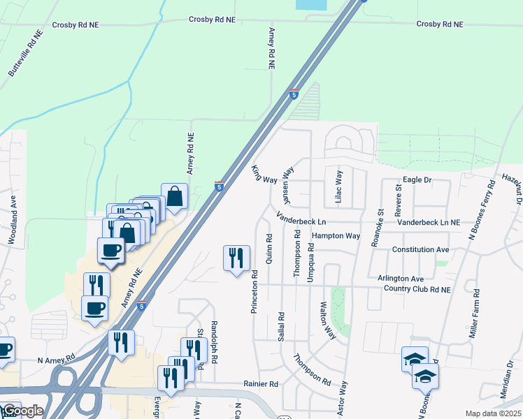 map of restaurants, bars, coffee shops, grocery stores, and more near 1723 Princeton Road in Woodburn