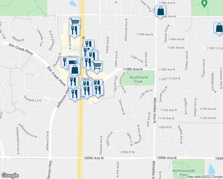 map of restaurants, bars, coffee shops, grocery stores, and more near 8474 South Pond Trail in Champlin