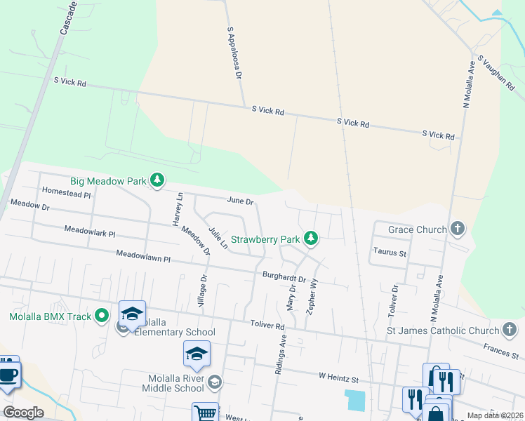 map of restaurants, bars, coffee shops, grocery stores, and more near 691 June Drive in Molalla