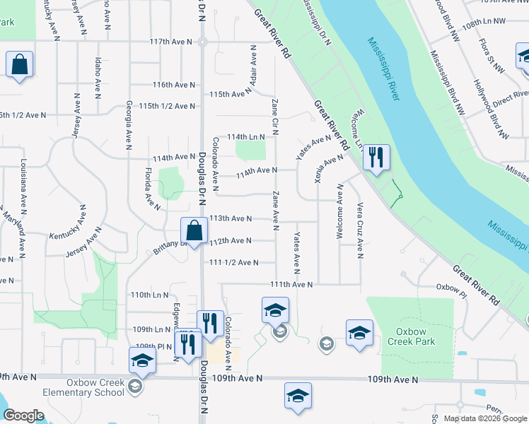 map of restaurants, bars, coffee shops, grocery stores, and more near 6000 113th Avenue North in Champlin