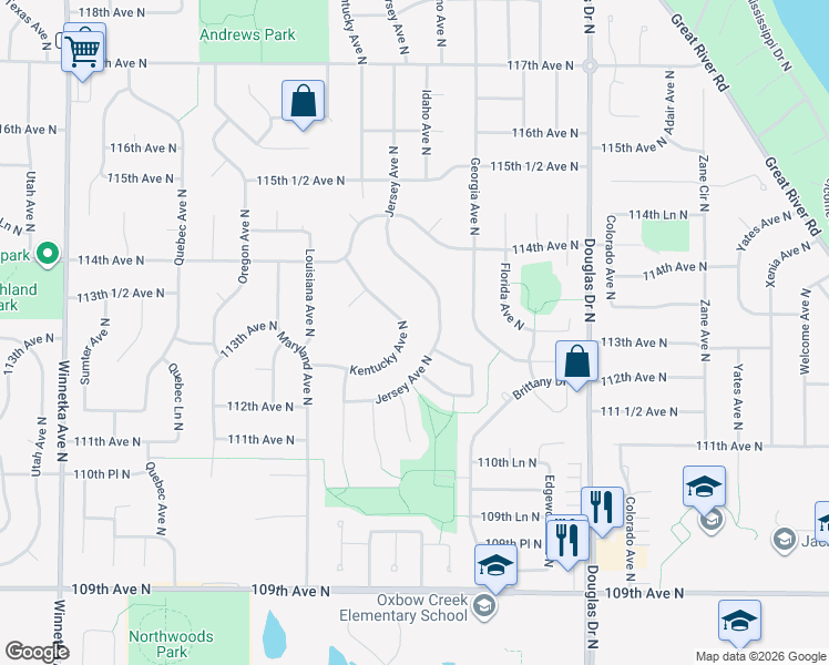map of restaurants, bars, coffee shops, grocery stores, and more near 11288 Kentucky Avenue North in Champlin