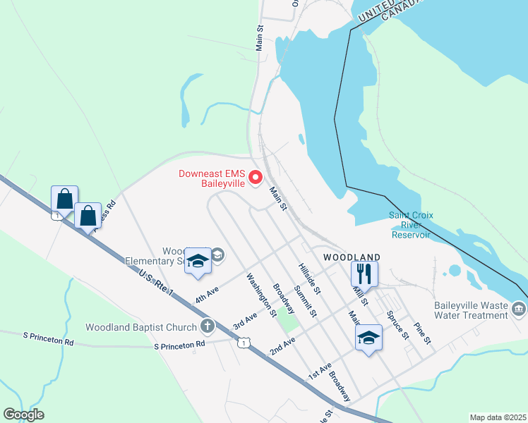 map of restaurants, bars, coffee shops, grocery stores, and more near 55 Washington Street in Baileyville