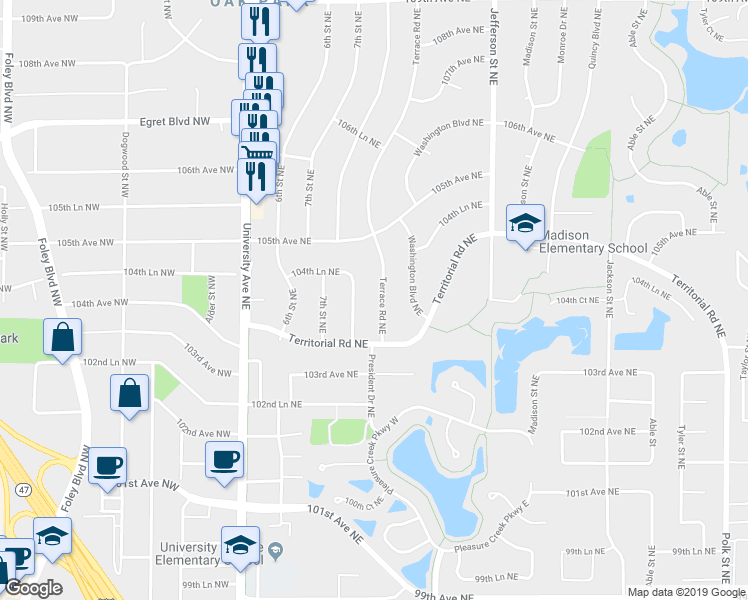 map of restaurants, bars, coffee shops, grocery stores, and more near 10436 Terrace Road Northeast in Blaine