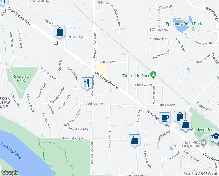 map of restaurants, bars, coffee shops, grocery stores, and more near 14 Linnet Circle Northwest in Coon Rapids