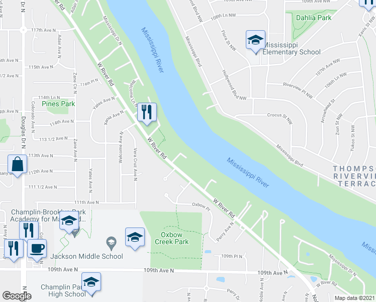 map of restaurants, bars, coffee shops, grocery stores, and more near 11242 Mississippi Drive North in Champlin