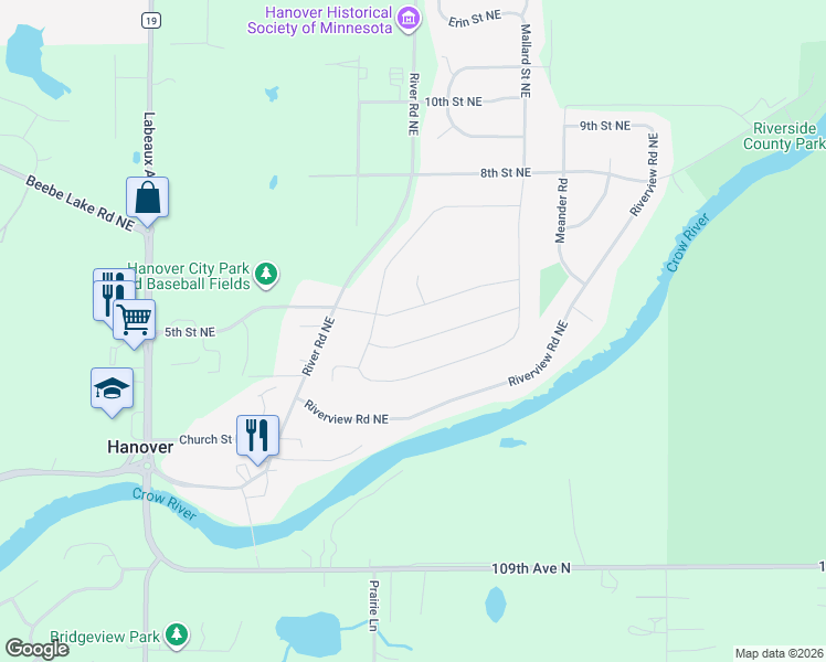 map of restaurants, bars, coffee shops, grocery stores, and more near 11433 5th Street Northeast in Hanover