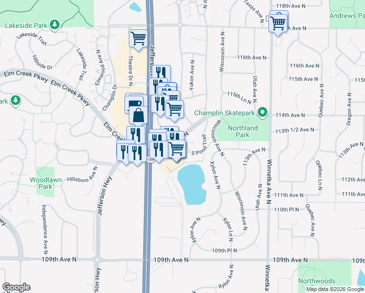 map of restaurants, bars, coffee shops, grocery stores, and more near 8563 South Pond Trail North in Champlin